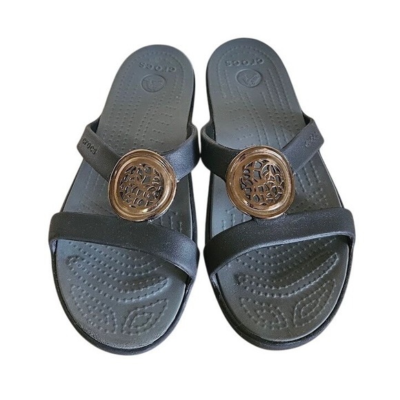 CROCS Shoes - CROCS Sanrah Circle Sandals Women Size 11 Brown Gold Accent Slip On Comfort Shoe